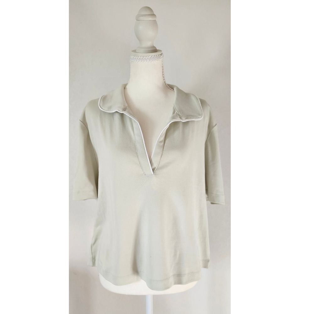 LOFT Outlet Womens Large Sage Green Split Neck Short Sleeve Polo Shirt Cotton